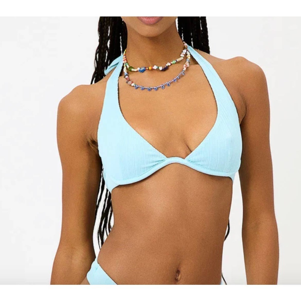 Frankie's Bikinis Stardust Plissé Halter Bikini Top large Baby Blue